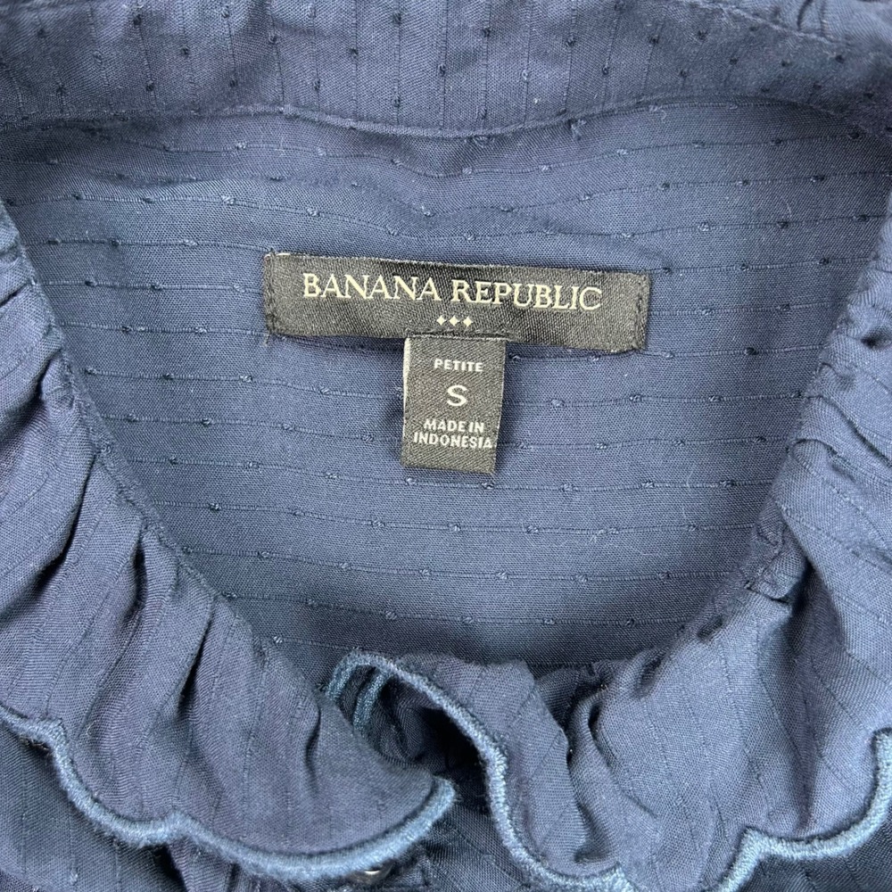 Banana Republic‎ Navy Blue Ruffle Scallop Collar Dobby Blouse Petite S - Picture 5 of 9